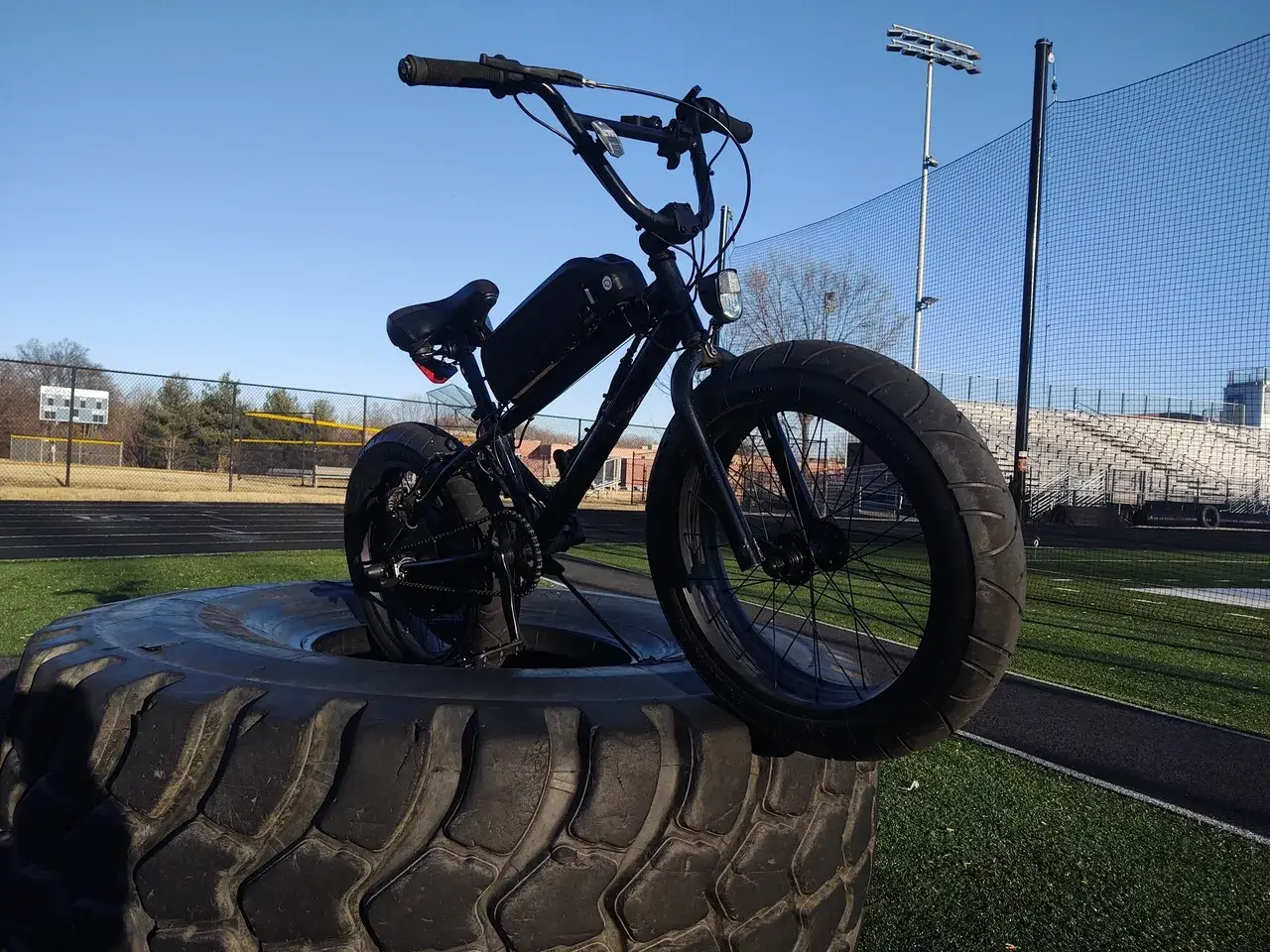Mountain bike displayed on giant tire