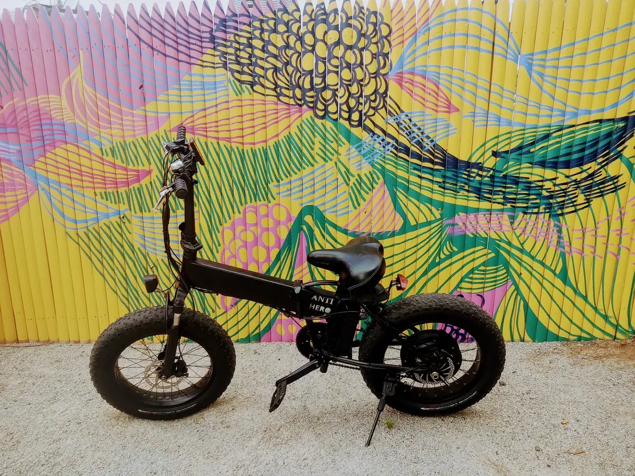 Electric bicycle near artistic painted fence