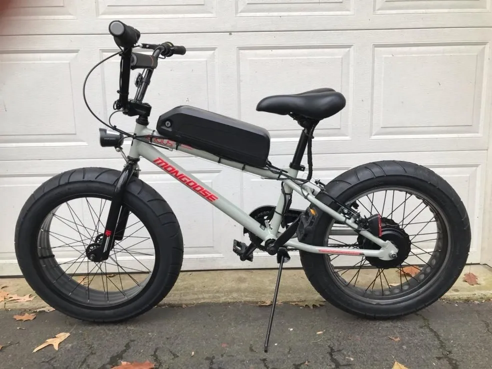 Gray electric bicycle in front of garage